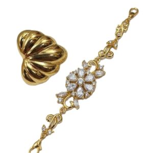 Elegant Gold Plated Crystal Flower Bracelet and Shell Statement Ring Set